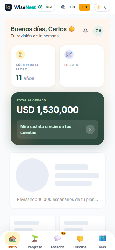 WiseNest en el teléfono — la vista de un vistazo