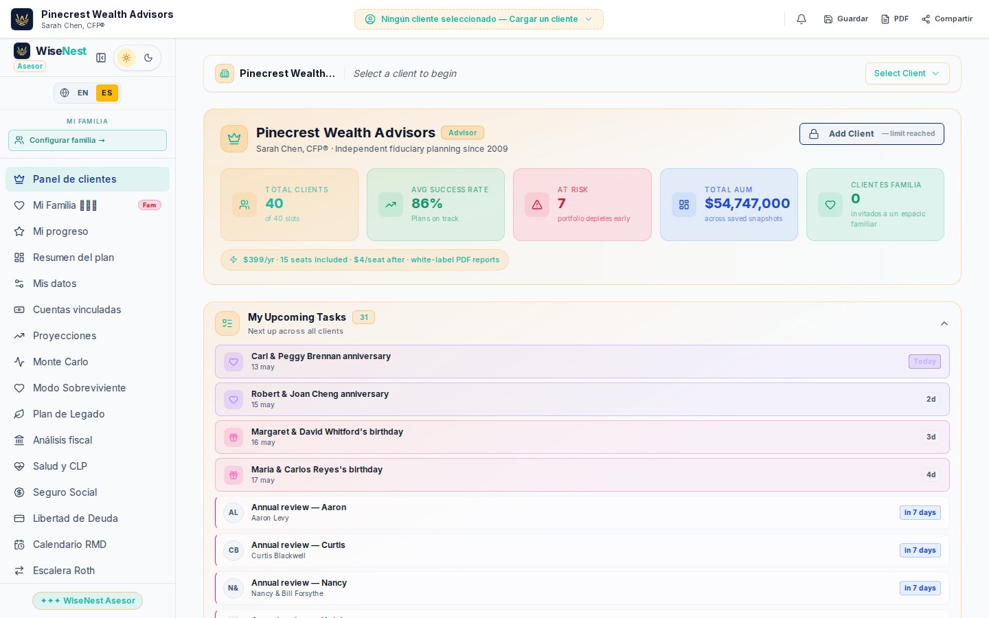 Dashboard del asesor con panel de acciones masivas abierto