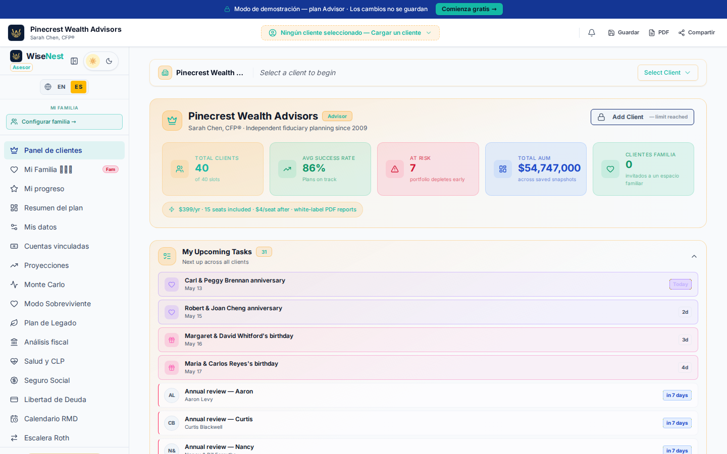 Dashboard del asesor con la familia Morales multigeneracional